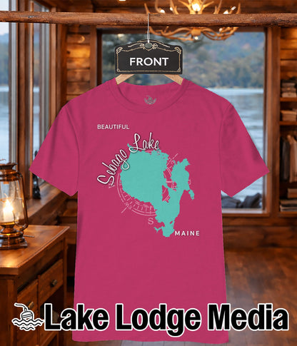 Pink t-shirt with a teal Sebago Lake map and compass rose graphic.