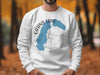 White sweatshirt with Grand Lake Colorado map and compass design.