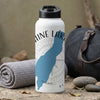 White water bottle with blue Lake Michigan outline, compass, and text.