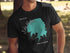 Black t-shirt featuring a turquoise outline of Lake Hefner, Oklahoma.