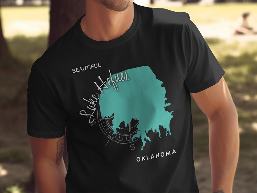 Black t-shirt featuring a turquoise outline of Lake Hefner, Oklahoma.