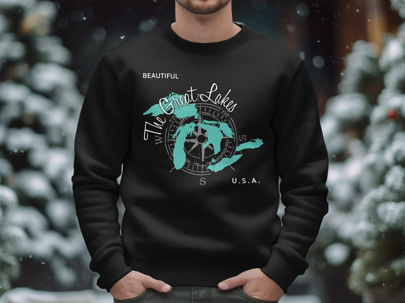 Black sweatshirt with "The Great Lakes U.S.A." and compass graphic.