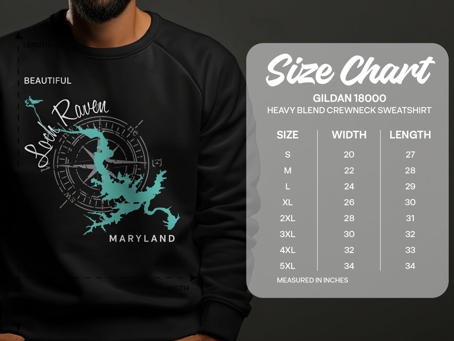 Crewneck sweatshirt with Lock Raven Maryland map and size chart.