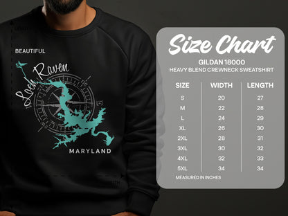 Crewneck sweatshirt with Lock Raven Maryland map and size chart.