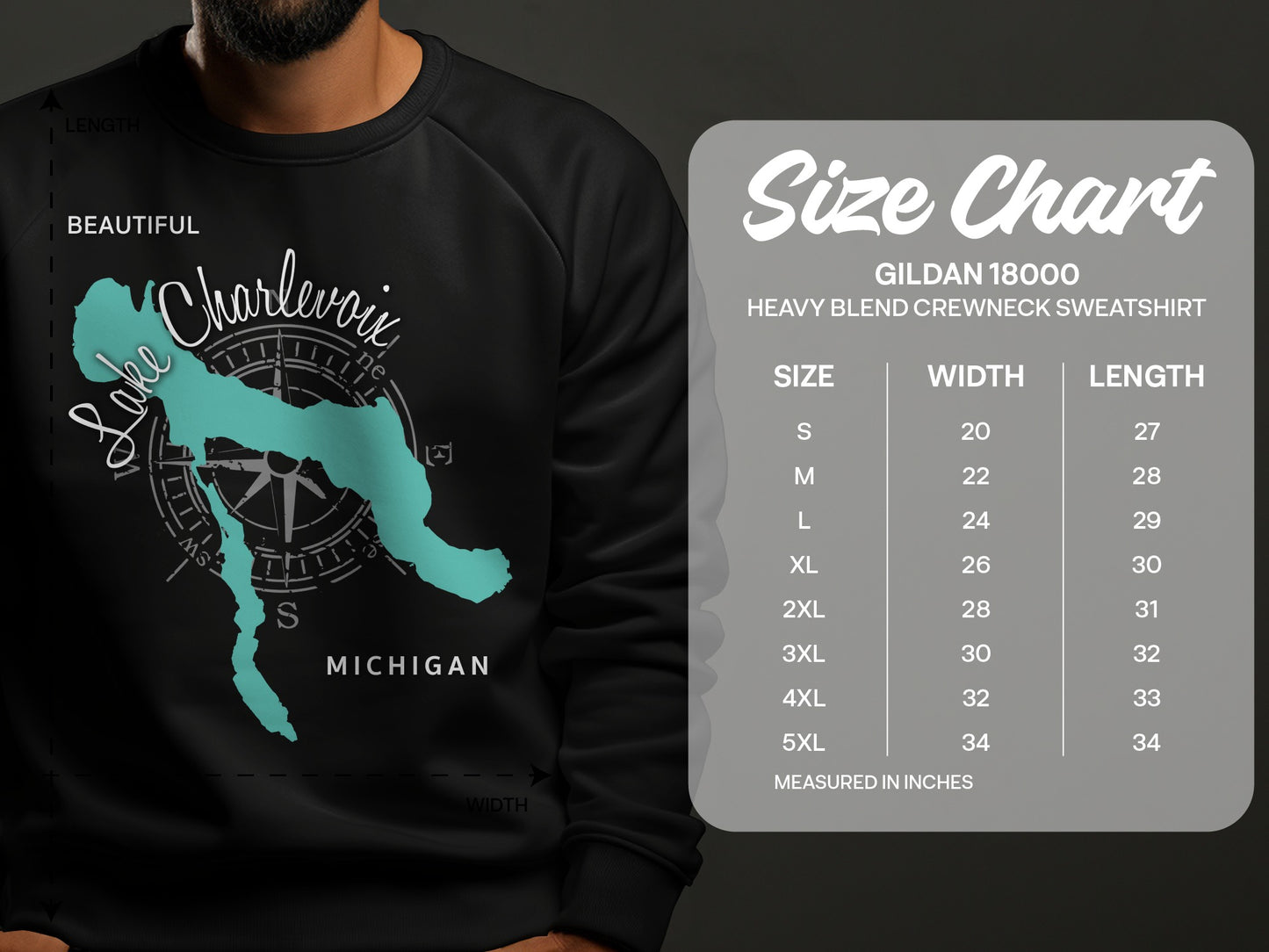 Sweatshirt with Lake Charlevoix map graphic and Gildan size chart.