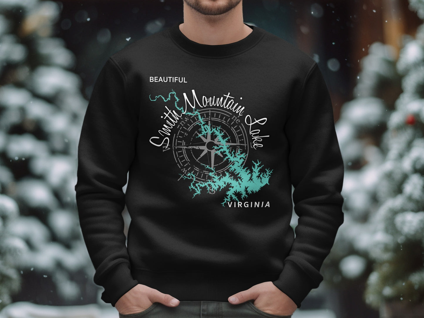 Black sweatshirt featuring a turquoise map of Smith Mountain Lake, Virginia.