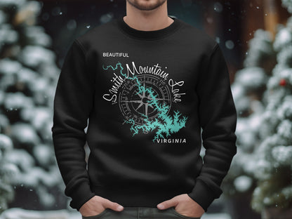 Black sweatshirt featuring a turquoise map of Smith Mountain Lake, Virginia.