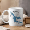 White mug with blue Hebgen Lake map graphic and compass, reading "HEBGEN LAKE MONTANA".