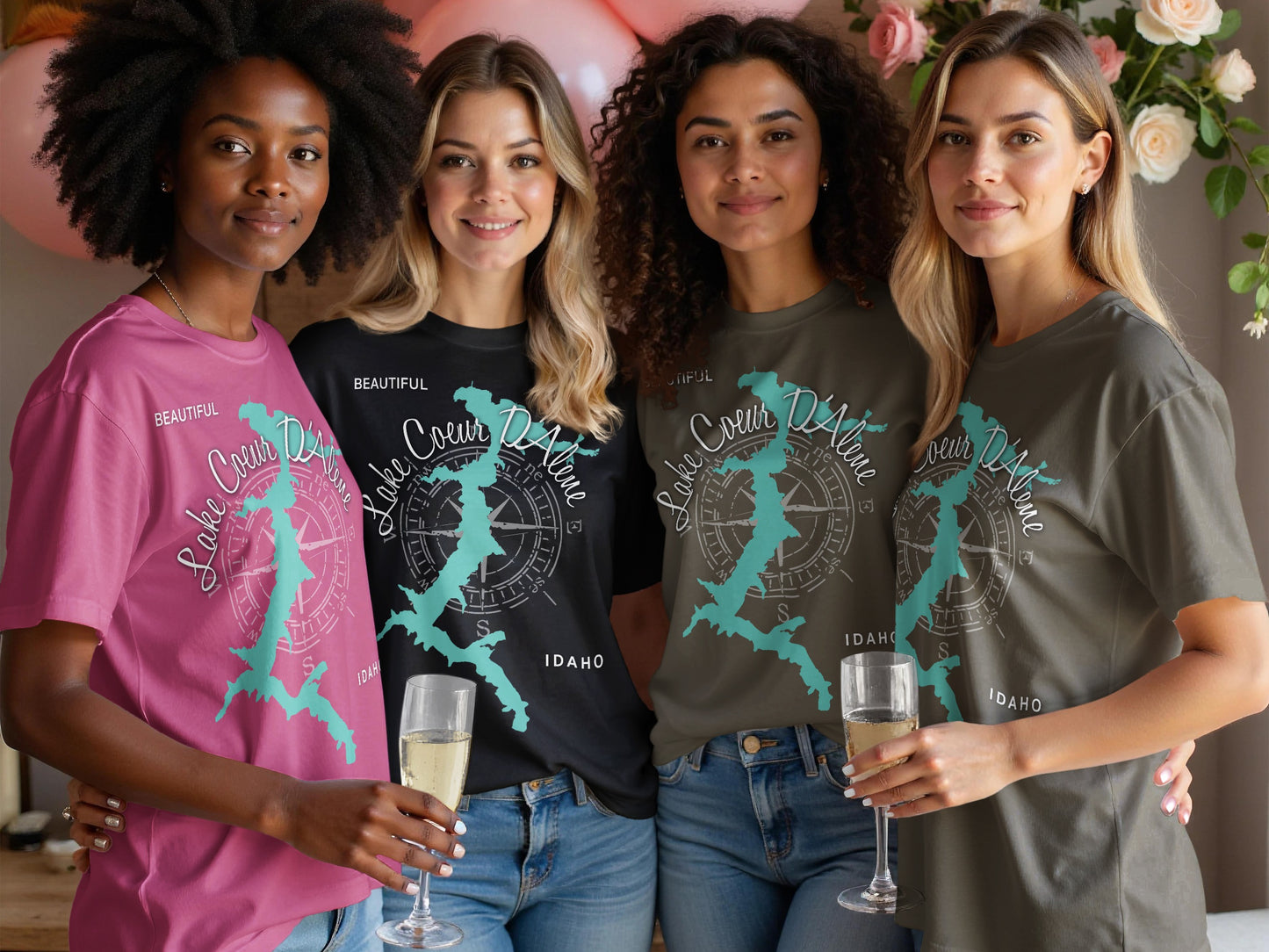 Four women wearing graphic t-shirts with "Lake Coeur d'Alene" compass design.