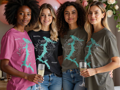 Four women wearing graphic t-shirts with "Lake Coeur d'Alene" compass design.