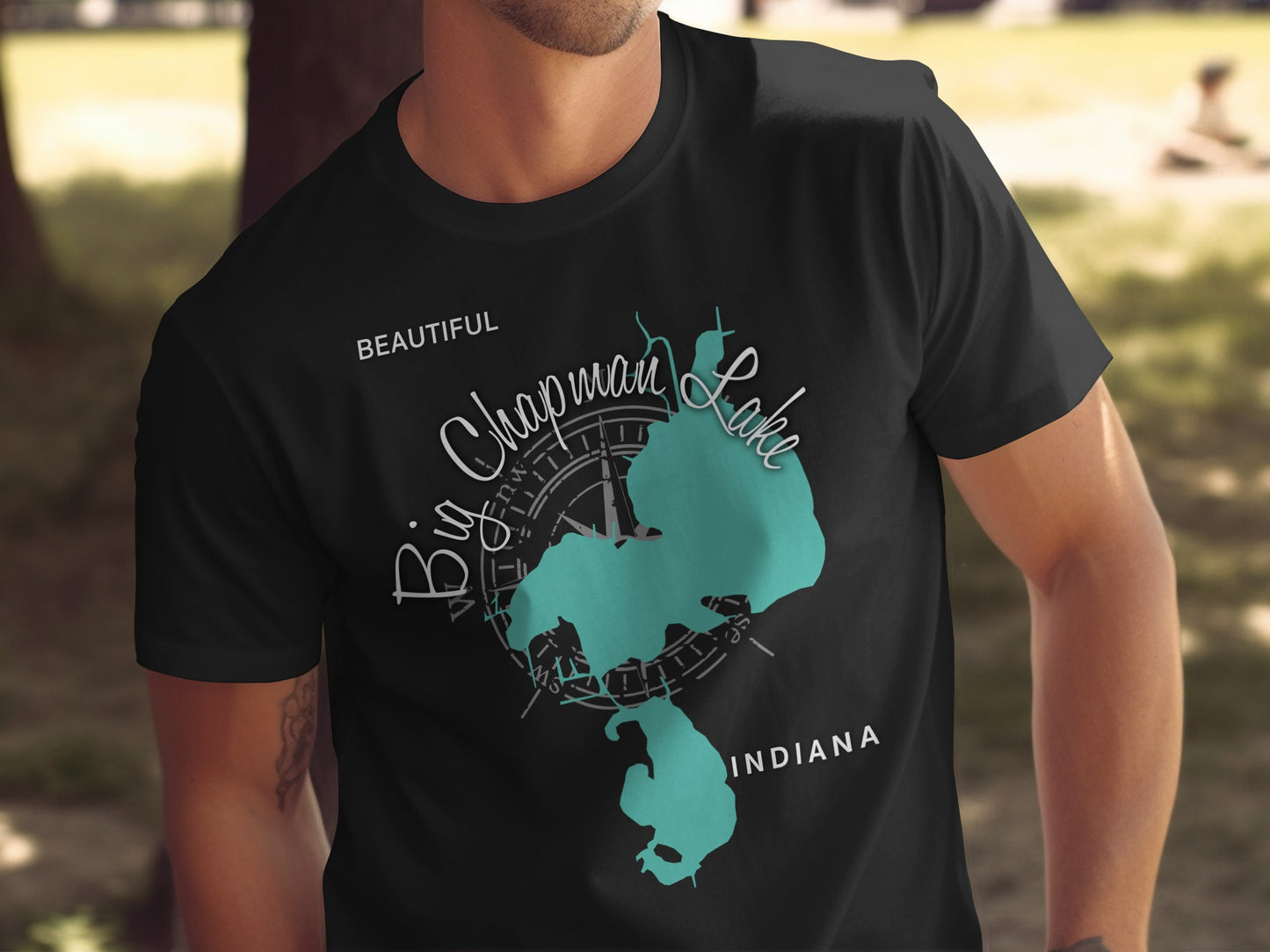 Black t-shirt with "Big Chapman Lake INDIANA" and map graphic.