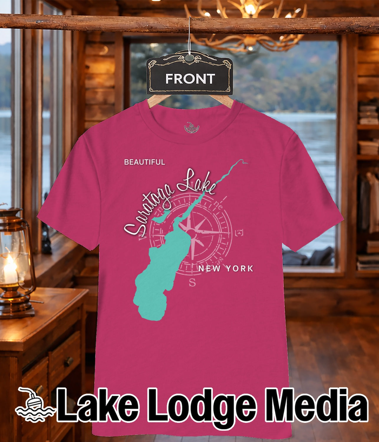 Pink t-shirt with Saratoga Lake map and compass graphic.