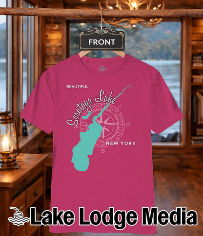 Pink t-shirt with Saratoga Lake map and compass graphic.