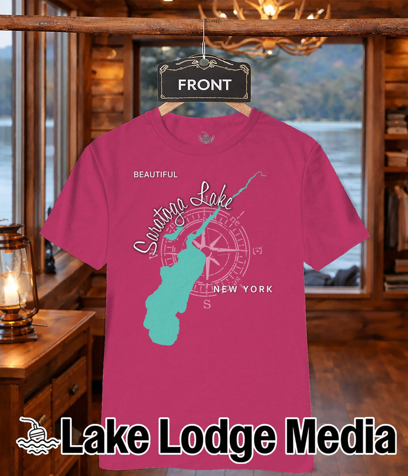 Pink t-shirt with Saratoga Lake map and compass graphic.