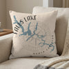 Pillow with a map of Falls Lake, North Carolina, and compass rose design.