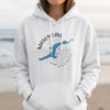 White hoodie with Mason Lake Washington map and compass graphic.