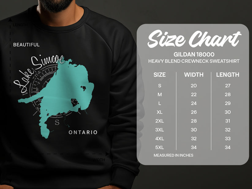Gildan 18000 sweatshirt size chart with Lake Simcoe graphic.