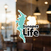 Turquoise lake outline sticker with "Sunapee LIFE" text in black and white.