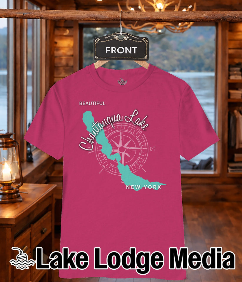 Pink t-shirt featuring a map of Chautauqua Lake, New York, with compass.