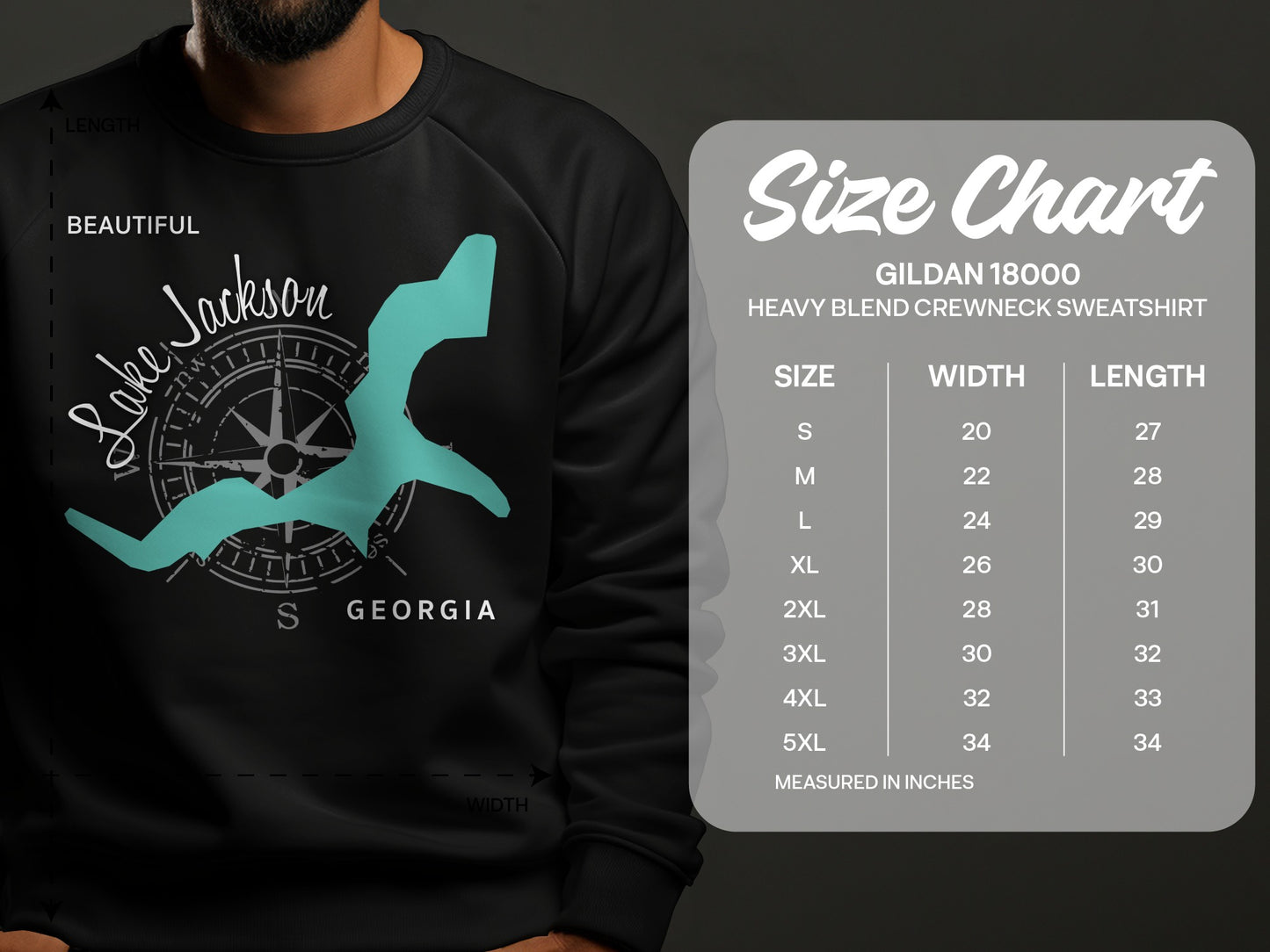 Gildan 18000 sweatshirt size chart with Lake Jackson, Georgia graphic.