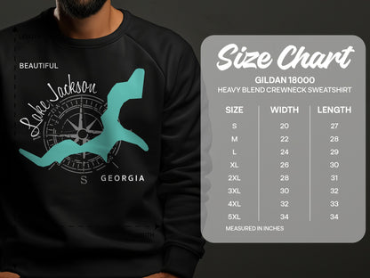 Gildan 18000 sweatshirt size chart with Lake Jackson, Georgia graphic.