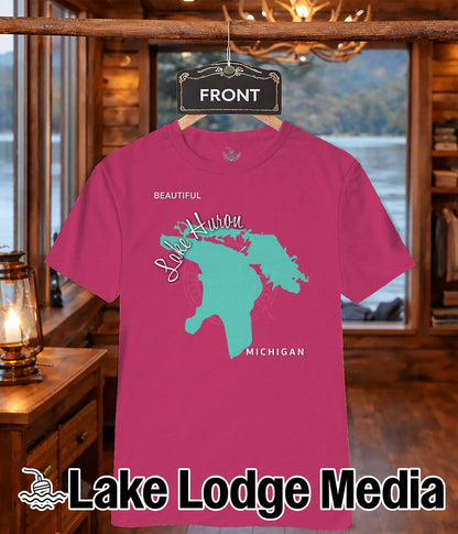 Fuchsia t-shirt with "Beautiful Lake Huron Michigan" map graphic.