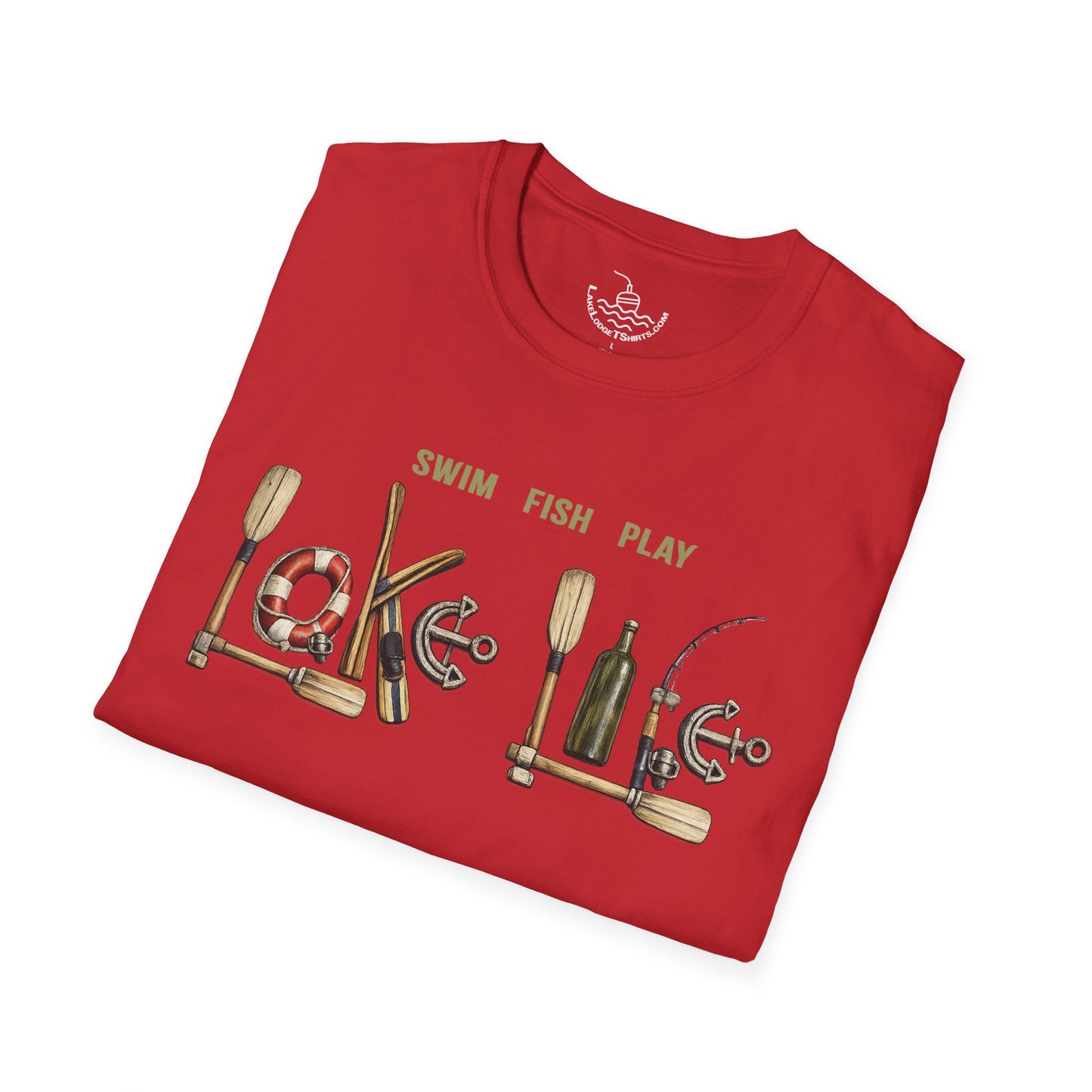 Lake Life T-Shirt | Boat Oars Life Preserver Anchor Letters Rustic Design | Fishing Water Skiing Gift Tee