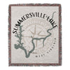 Woven blanket with Summersville Lake map, compass rose, and West Virginia text.