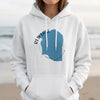 White hoodie with blue Red Lake Minnesota graphic and compass rose.