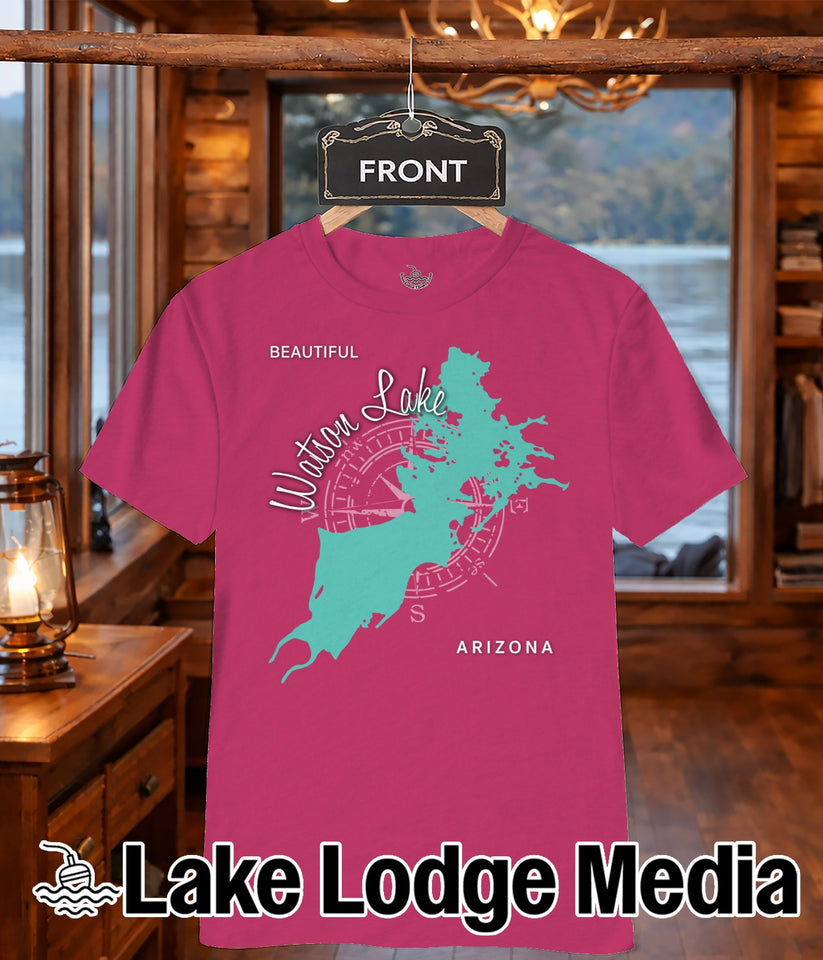 Pink t-shirt with teal "Watson Lake Arizona" graphic and compass rose.