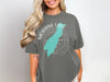 Grey t-shirt with turquoise Moraine Lake outline and compass graphic.