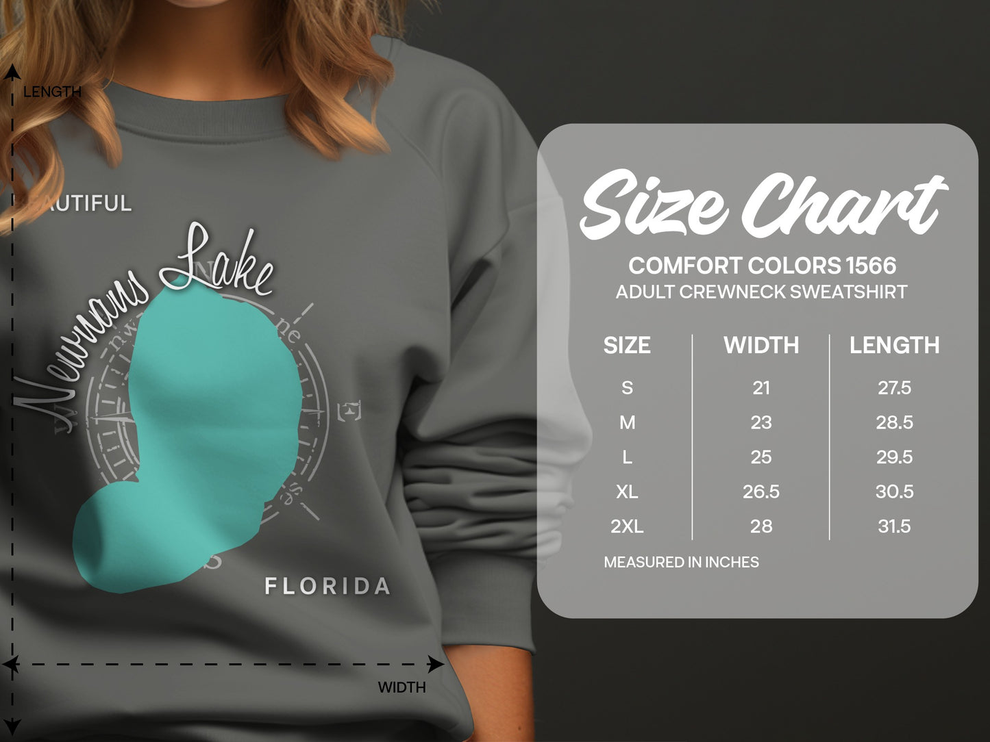 Crewneck sweatshirt size chart showing measurements for Comfort Colors 1566.