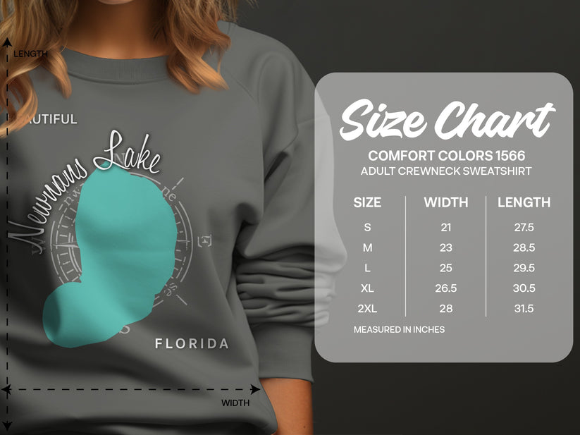 Crewneck sweatshirt size chart showing measurements for Comfort Colors 1566.