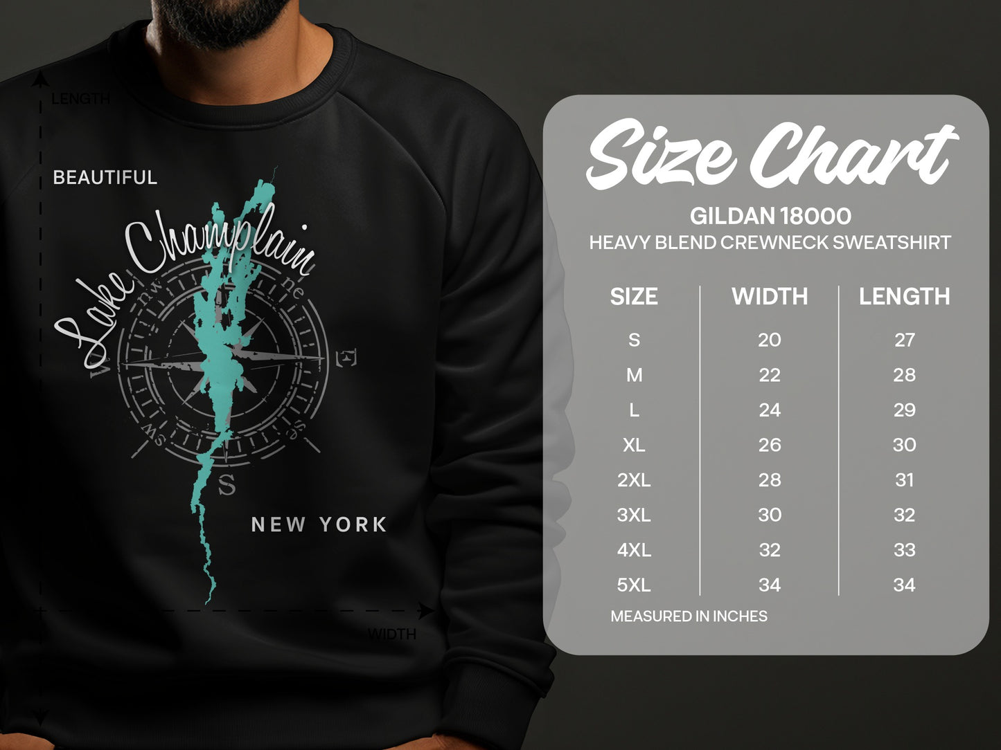 Crewneck sweatshirt with Lake Champlain compass graphic and size chart.
