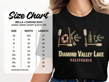 Size chart for Diamond Valley Lake California t-shirt with graphic.
