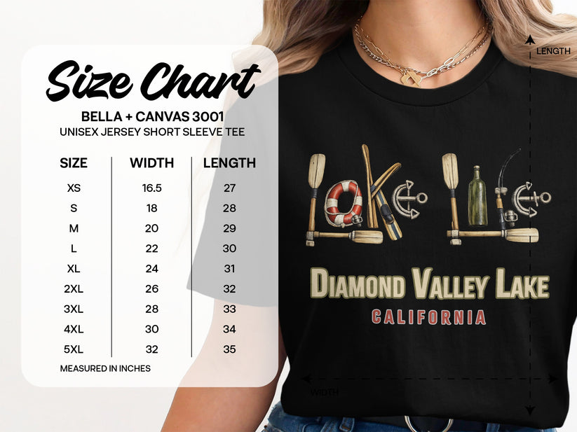 Size chart for Diamond Valley Lake California t-shirt with graphic.