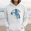 White hoodie with a blue map of Yellowstone Lake, Wyoming and compass graphic.