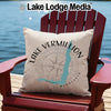 Beige pillow with Lake Vermillion, Minnesota map and compass design.