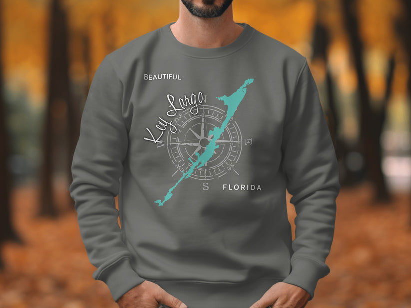 Grey sweatshirt with a compass rose and "Key Largo" text.