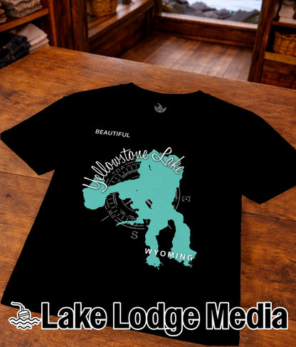 Black t-shirt featuring a turquoise Yellowstone Lake map with "Wyoming" text.