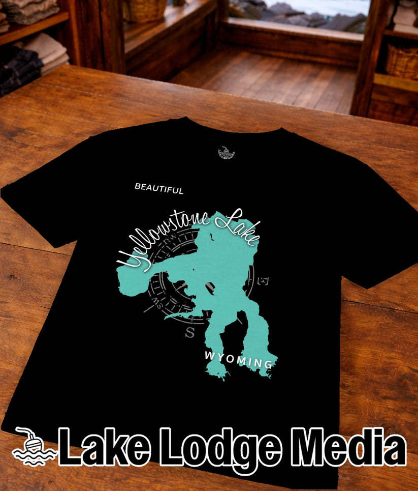 Black t-shirt featuring a turquoise Yellowstone Lake map with "Wyoming" text.