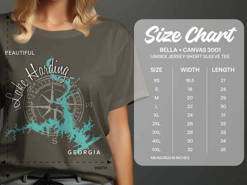 T-shirt with "Lake Harding Georgia" compass graphic and size chart.