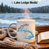 White mug with "Spoon Lake Illinois" text and map design on wooden table.