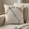 Don Pedro Island Florida text with compass rose and blue graphic on beige pillow.