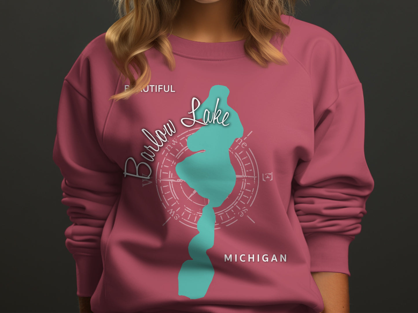 Burgundy sweatshirt with "Barlow Lake Michigan" text and compass design.