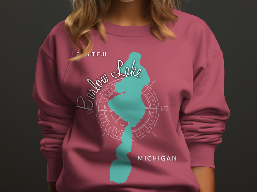 Burgundy sweatshirt with "Barlow Lake Michigan" text and compass design.