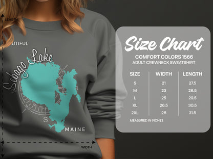 Sebago Lake Maine graphic on gray sweatshirt with size chart.