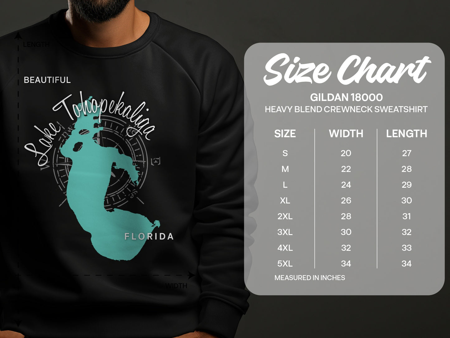 Crewneck sweatshirt featuring Lake Tohopekaliga map and size chart.