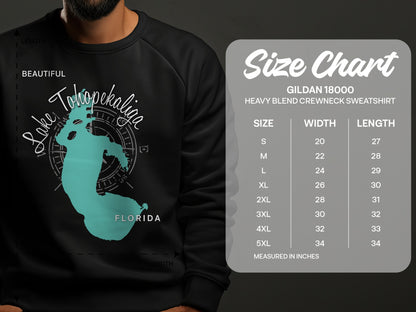 Crewneck sweatshirt featuring Lake Tohopekaliga map and size chart.