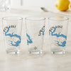 Three clear glasses feature Spoon Lake, Illinois map and compass design.